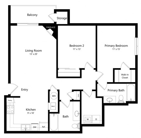 Floor plan for 2 beds, 2 baths, 1073 sqft